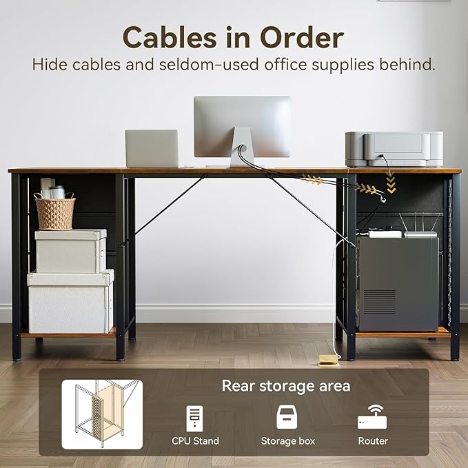 ODK 63 Inch Office Desk with 6 Fabric Drawers Large Computer Desk for Home Office with Hidden Storage Shelves Rustic Brown