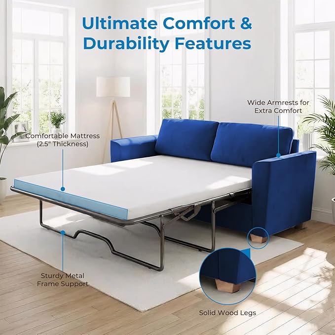 Mjkone 71 Width Full Size Pull Out Sofa Bed Sleeper Couch with Pillows and Folding Mattress 2 in 1 Velvet Loveseat Sleeper Sofa with Pull Out Couch Beds for Home Living Room Small Spaces Blue