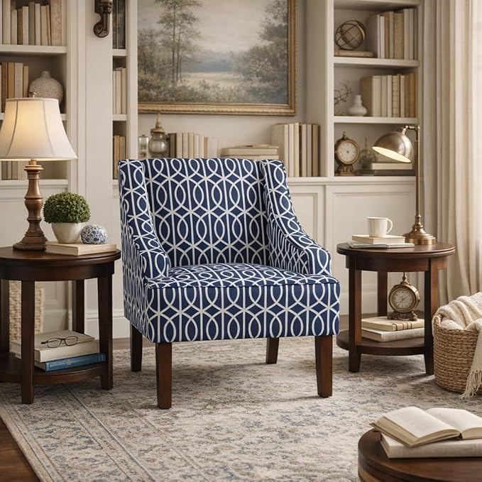 Homepop Home Decor Upholstered Classic Swoop Arm Accent Chair Accent Chairs for Living Room &amp Bedroom Decorative Home Furniture Classic Navy Geometric