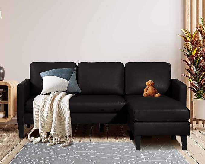 TITIMO Faux Leather Sectional Sofa L Shaped Sofa with Reversible Chaise Convertible Sectional Couch 3-Seater Modern Small Couches for Small Space (Black)