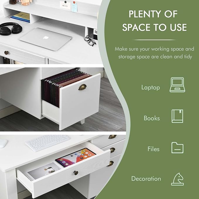 Catrimown Computer Desk with Drawers and Hutch 47 Inch Home Office Desk with File Drawers Student Girls Desks Teens Writing Table with Hutch Small Desk with Drawer for Bedroom White