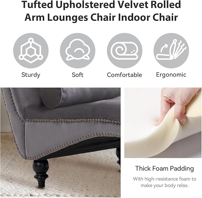 Velvet Chaise Lounge Chair Indoor Comfy Upholstered Chaise Lounge with Pillow and Solid Wood Legs Button Tufted Leisure Sofa Recliner for Living Room Bedroom Office Apartment(GY)