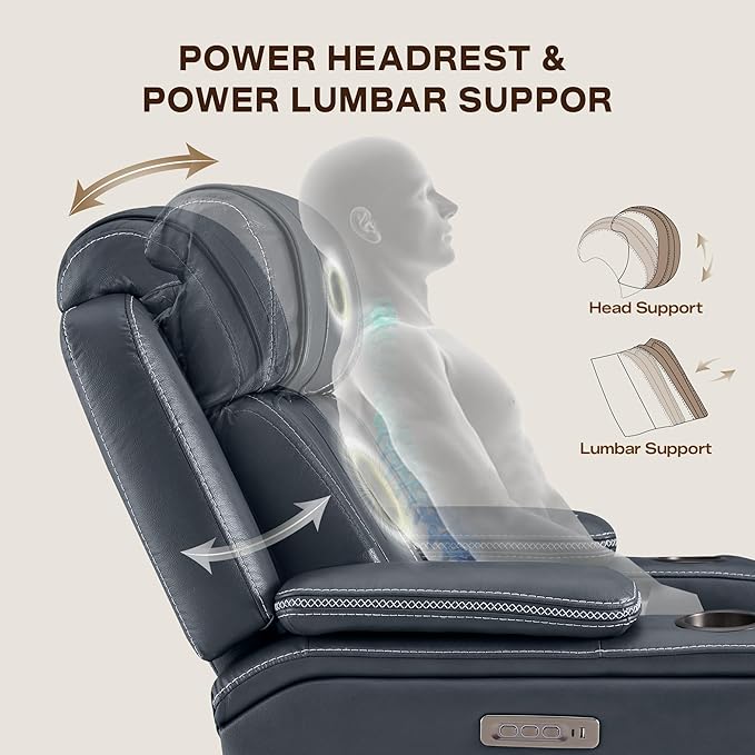 Watson &amp Whitely Super Zero Gravity Recliner Chair Oversized Genuine Leather Electric Recliner W Power Adjustable Headrest &amp Lumbar Support Hidden Storage for Living Room Navy Blue