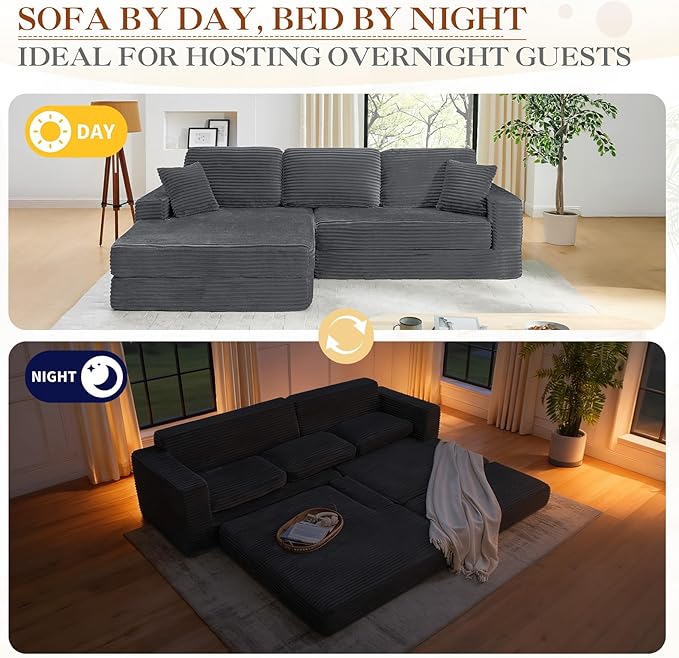 112.6 Oversized Fold Out Couch Bed King 3 in 1 Convertible Modern L Shape Cloud Modular Sectional Comfy Boneless Foam Couch Futon for Living Room No Assembly(Grey CorduroyRight Facing Chaise)