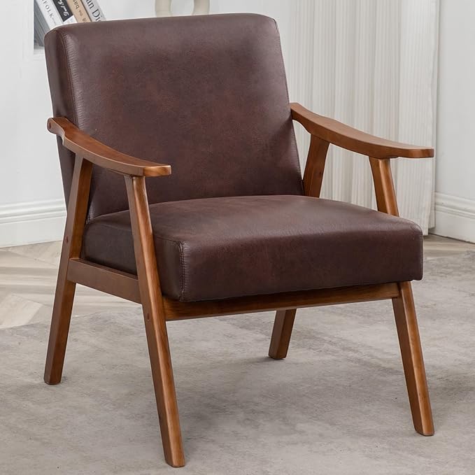 Mid Century Modern Accent Chair Upholstered Armchair Comfy with Wood Legs Siting Chair with Soft Cushion PU Leather Side Chairs for Living Room Bedroom Office (Microfiber Dark Brown)