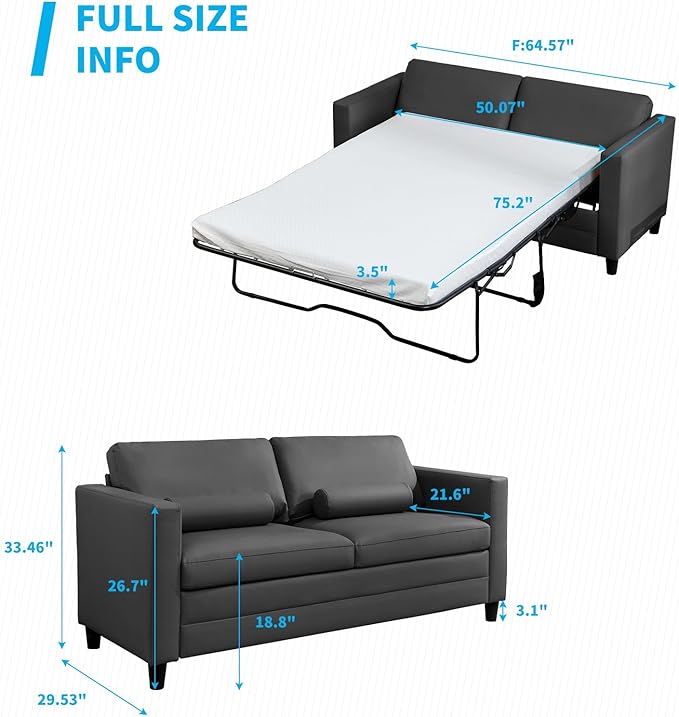 Mjkone Full Size Pull Out Sofa Bed 2-in-1 Modern Loveseat Couch Bed with Memory Form Mattress Faux Leather Convertible Sleeper Sofa Couch for Living Room Office Apartment and Small Space Grey