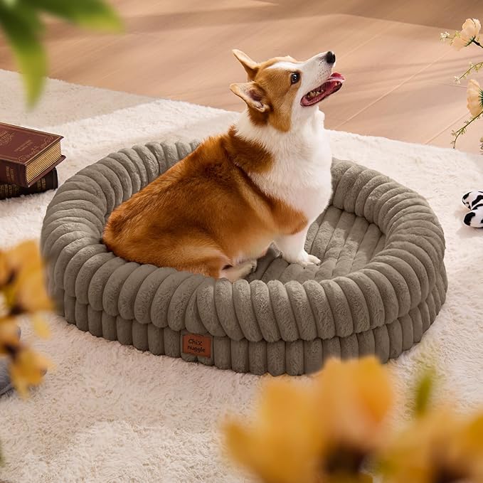 Dog Bed Large Sized Dog - Luxury Striped Faux Fur Waterproof Dog Couch with Removable Washable Cover Orthopedic Dog Bed with Bolster Sides for Sleeping Taupe