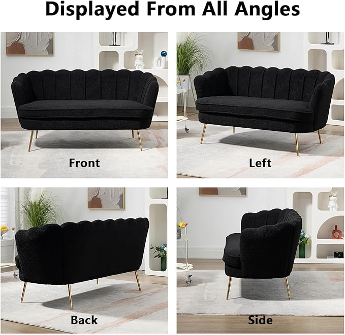 Anwick 59 Small Modern Chenille Loveseat Sofa 2-Seater Sofa with Gold Metal Legs Small Couch with Flower Shaped Back for Living Room Bedroom Office (Black)