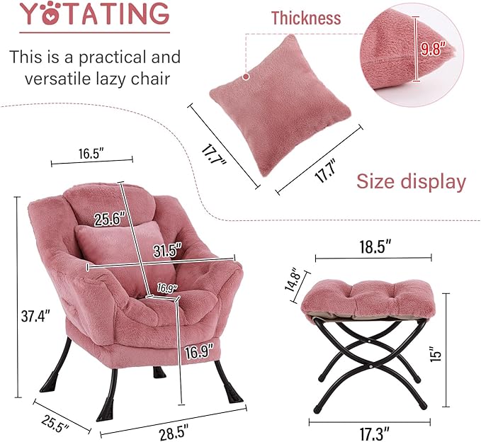 Lazy Chair with Ottoman Comfy Reading Lounge Chair with Footstool &amp Throw Pillow Modern with Armrests &amp Side Pocket for Living Room Bedroom Dorm Room Plush Dark Pink