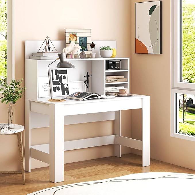 Giantex White Desk with Hutch Home Office Desk with Bookshelf Computer Workstation PC Laptop Table with Anti-Toppling Device &amp Cable Hole Modern Study Writing Desk for Small Spaces Bedroom