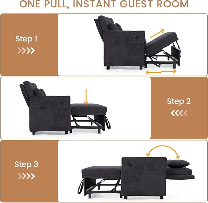 Convertible Sofa Bed 3-in-1 Sleeper Sofa with Pull-Out Bed Chenille Couch Folding Loveseat USB Ports &amp Adjustable Backrest Modern Loveseat for Living Room Apartment Black