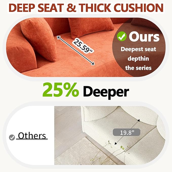 67 Curved Loveseat for Small Spaces Orange Curved Couches for Living room Compression Sofa in a Box with 3 Pillows Small Couch for Bedroom with Wide Armrest &amp Memory Foam No Assembly Required