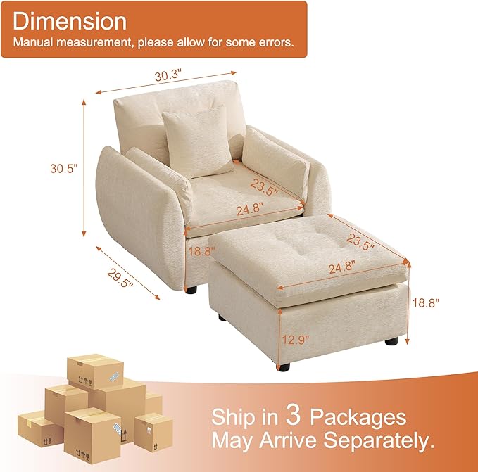 30 Modular Cloud Accent Chair with Ottoman Deep Seat Tufted Chenille Sofa Chair with Curved Arms Upholstered Reading Chairs for Living Room Bedroom Beige