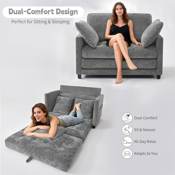 2-in-1 Convertible Loveseat Sofa Bed - Folding Pull-Out with Deep Seat 2 Pillows &amp Solid Steel Frame Loveseat Sleeper Sofa Bed for Small Spaces Apartment Living Room &amp Guest Room (Gray Che