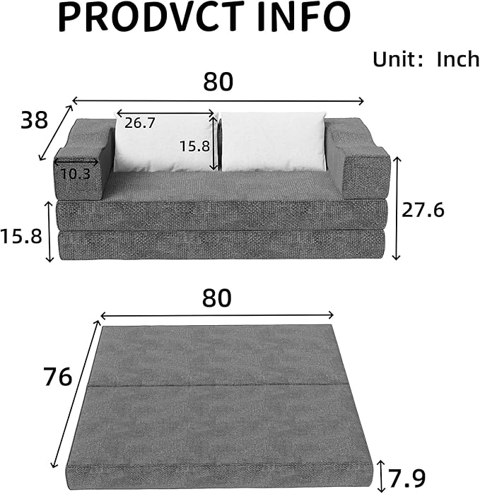 80 King Size Convertible Sofa Bed Sleeper Foldable Futon Couch with Memory Foam &amp 2 Pillows Chenille Fabric Modular Loveseat for Small Spaces Apartment Living Room Studio (Gray 80in)