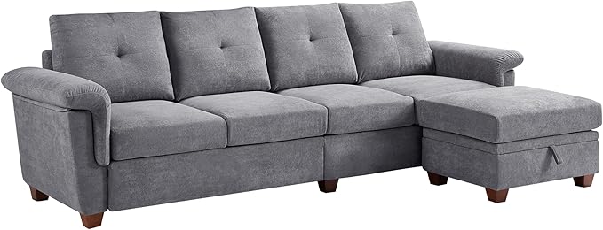Convertible Sectional Sofa with Storage 4 Seat L Shaped Couch with Chaise and Cup Holder Modern Microfiber Fabric Sofas Couches for Living Room Light Grey