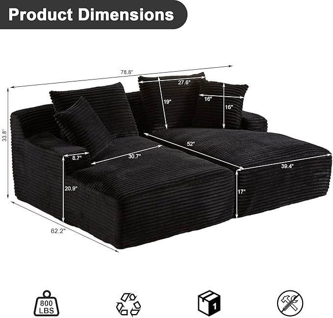 78” Oversized Double Chaise Lounge Indoor Corduroy Sleeper Sectional Couch Upholstered Boneless Cloud Sofa Deep Seat Comfy Plush Chair Bed for Living Room