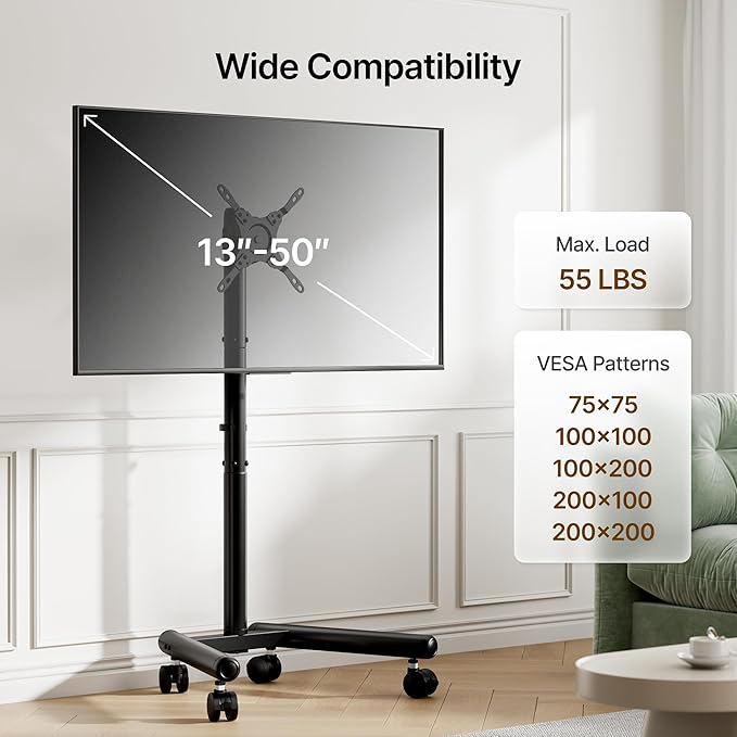 2026 Upgraded Mobile TV Stand for 13-50 TVs Rotating Rolling TV Stand with 30° Tilting Hold up to 55lbs Height Adjustable Mobile TV Cart for Home Office Max VESA 200x200mm
