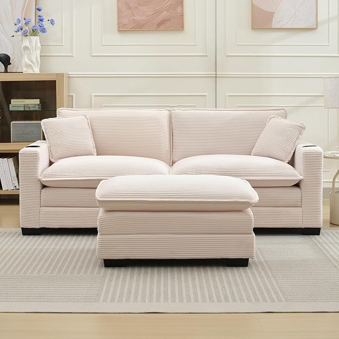 KIVENJAJA Corduroy Cloud Sectional Couch Modular Oversized Loveseat Sofa with Ottoman Cup Holders &amp USB Port Comfy 2 Seater Love Seat for Living Room Small Space 82.7”W Beige
