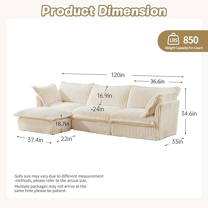 120 Slipcovered Modular Cloud Sectional Sofa Deep Seat Corduroy L Shaped Couch with Removable Covers 3-Seater Sofa with Movable Ottoman for Living Room (Cream) | Slipcovered