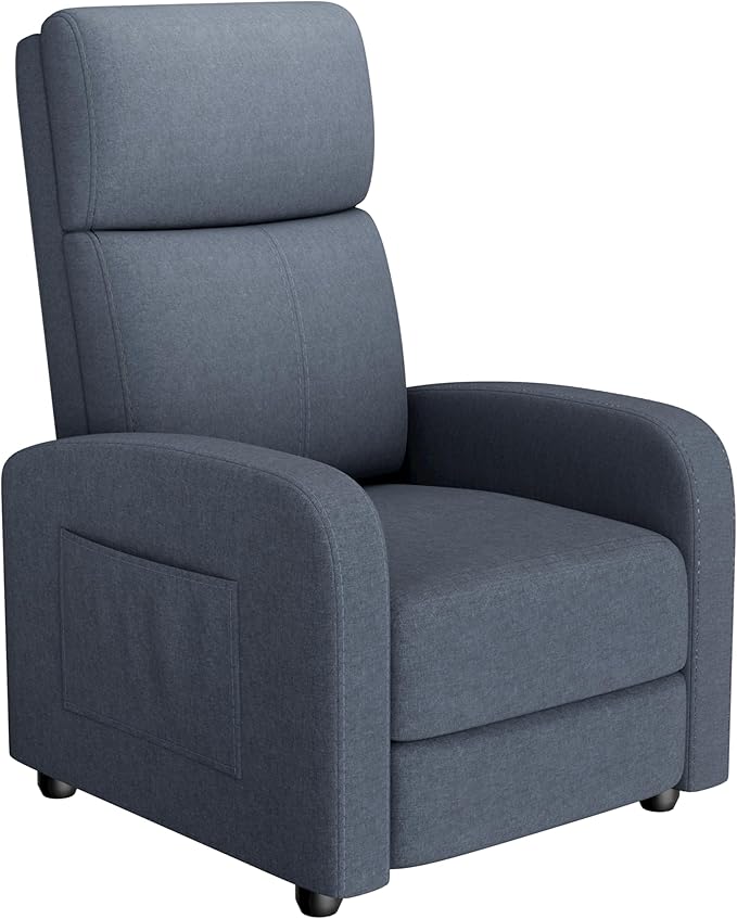 GarveeHome Linen Fabric Manual Recliner Chair with Side Pocket High Backrest Thick Cushion Adjustable Push Back ReclinerCozy Lounge Chair for Living Room Home Theater Bedroom Dark Gray