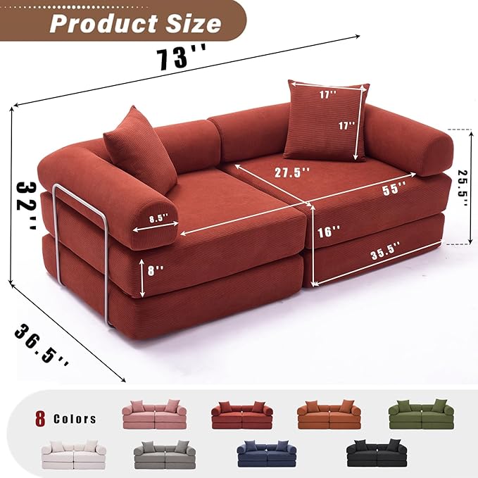 73 Convertible Modular Folding Sofa Bed 5-in-1 DIY Combination Fold Out Sleeper Sofa Bed Loveseat sleeper Couch with Removable Armrests Corduroy Floor Couch Small couches for small spaces Red