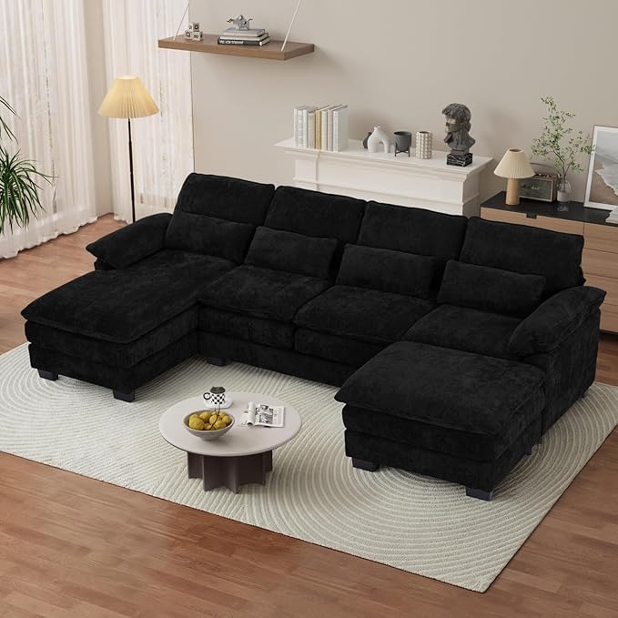OUYESSIR 114 U Shape Sectional Cloud Couch with OttomanFluffy Sectional Couches for Living Room4 Seater Modular Sectionals SofaComfy Cloud Sofas &amp Couches with 4 PillowsLight Black