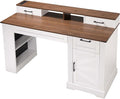 White Farmhouse Desk with Drawers &amp Charging Station Wood Executive Desk with Storage Cabinet &amp Keyboard Tray Computer Desks with Monitor Stand &amp Pegboard for Home Office (White + Brown)
