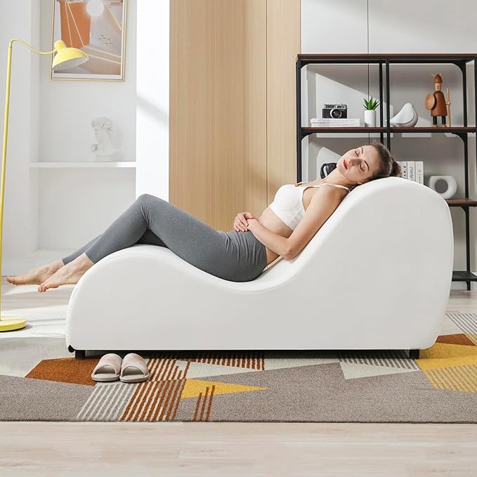 BALUS 60.6 W Yoga Sofa Chaise Lounge Chair for Adults Ergonomic S-Shape Yoga Chairs Indoor for Living Room Relaxing Modern Velvet Chaise Lounges Chair for Small Space Stretching Exercising - Beige