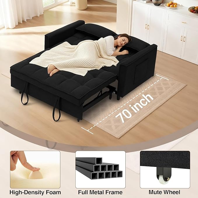 3 In 1 Corduroy Convertible Sofa BedPull Out Couch Bed with Reclining Backrest And 2 Pillows 54 Full Size Loveseat Sleeper Sofa Futon Couch Bed Couches For Small Spaces Living Room (Black ①)