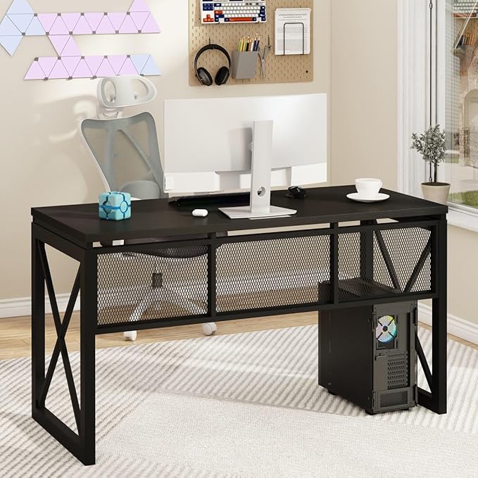BON AUGURE Black Computer Desk Modern Gaming Desk Industrial Wood Office Desks Sturdy Writing Desks for Home Office Living Room Study Workstation Bedroom (Black 54 Inch)