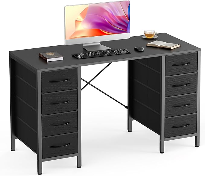 Sweetcrispy Computer Gaming Desk with 8 Storage Fabric Drawers 47 Inch Home Office Bedroom Desk with Sturdy X-Frame Modern Writing Study Work Table with Adjustable Feet Black