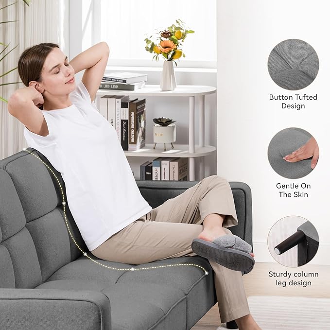 COMHOMA 76 inch Futon Sofa Bed Mid Century Modern Futon Couch with Adjustable Backrest Fabric Convertible Sofa Cama Folding Sleeper Sofa for Living Room Bedroom Dark Gray