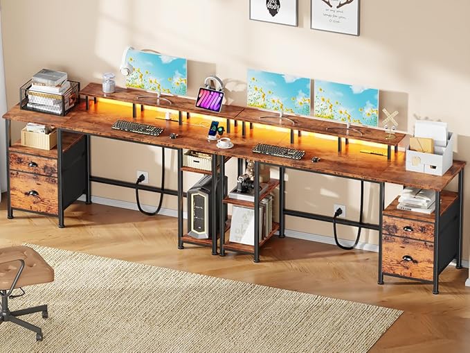 Furologee 61 Computer Desk with Power Outlet &amp LED Lights Reversible Gaming Desk with File Cabinet &amp Monitor Stand for Home Office Writing Study Table with Storage Shelves and Drawer Rusti