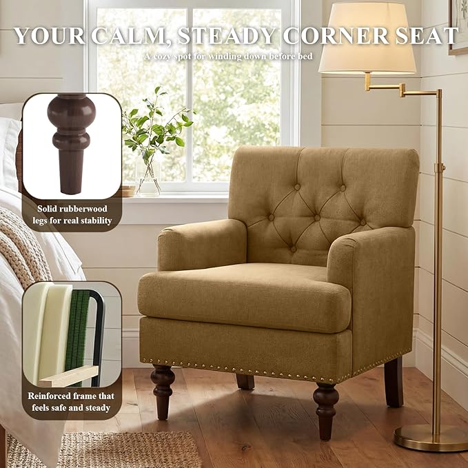 Upholstered Accent Chair with Thick Cushion High Back Reading Chair Linen Blend Armchair with Solid Rubberwood Legs for Living Room Bedroom Reading Apartment &amp Small SpacesBrownSet of 2