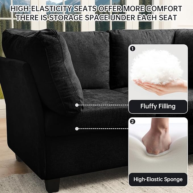 Modern Sofa Modular sectional Cloud Couch with 2 Ottomans 6-seat Chenille deep-seat with Storage and 6 Pillows for Living Rooms bedrooms and Apartments (Black 2Seater+1Ottoman)