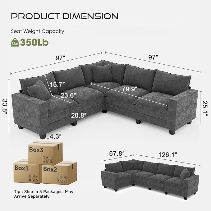97 L Shaped Sectional Couch Comfy Chenille Cloud Couch 5 Seat Modular Cloud Sofa with 2 Pillows &amp Storage Armrests Convertible V Shaped Corner Couch Sectional Couches for Living Room Grey