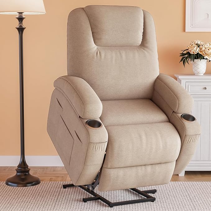 Flamaker Power Lift Chair Massage Recliner Chairs for Elderly - Ergonomic Design with Cup Holders &amp Side Pockets Remote Control (Beige)
