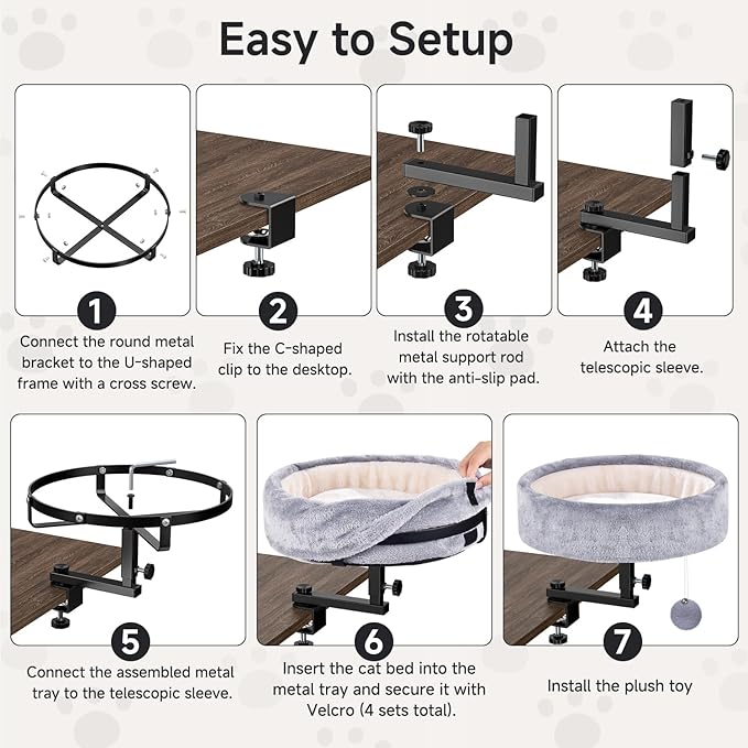 Cat Desk Bed - 360° Rotating &amp Adjustable Supports 44 lbs Soft Faux Fur with Dual-Sided Reversible Mat Modern Indoor Cat Nest Furniture for Office Desks and Game Tables Island Table