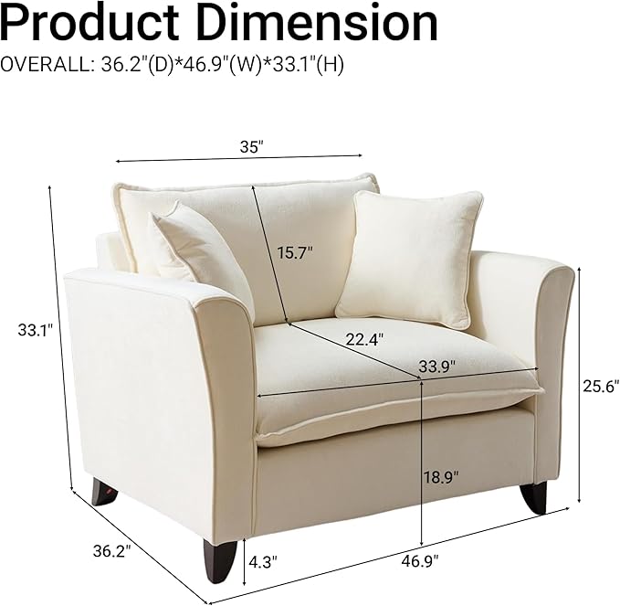 ERYE 46.9 Chenille Upholstered Accent Chair Wide Seat for Living Room Bedroom Modern Leisure Cushion Armchair W/ 2 Pillows and Removable Cover for Home Apartment Office
