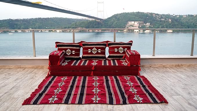 arabicsofa Maroon Turkish Low Floor Seating Sofa – Traditional Arabic Majlis Cushions