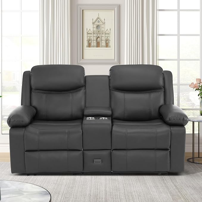Loveseat Recliner Sofa with Massage &amp Heating Reclining Loveseat with Console RV Wall Hugger Double Loveseat Recliner Couch for Living Room &amp Home Theater (Grey)