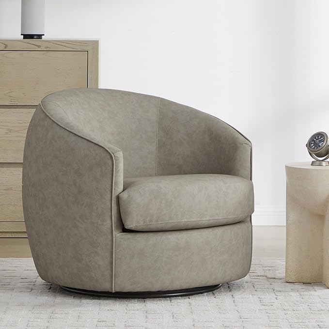 CHITA Swivel Barrel Chair Modern Comfy FSC Certified Upholstered Faux Leather Accent Chair for Living Room Fully Assembled Stone Grey
