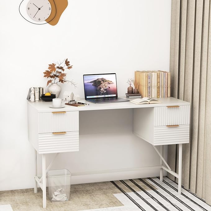 Tangkula White Desk with 4 Drawers 48 Inch Home Office Desk with Storage Modern Computer Desk Study Writing Desk with Metal Frame for Bedroom Study Office