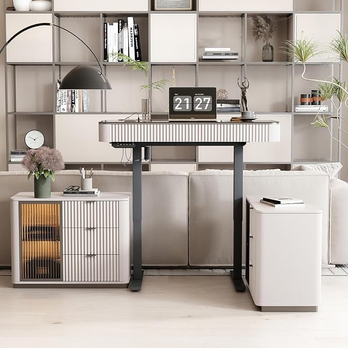 Lartis Office Desk Electric Standing Desk with Built-in Outlets Tempered Glass Top Modern Office Computer Desk with 2 Side cabinets (Ivory White 50)
