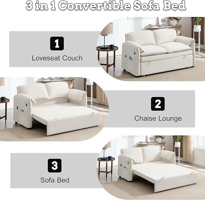 63 Velvet Pull Out Sofa Bed 3-in-1 Convertible Futon Loveseat Queen Sleeper Sofa Couch Bed with Adjustable Backrest USB Ports &amp Side Pockets Modern Sofas for Living Room Apartment Beige