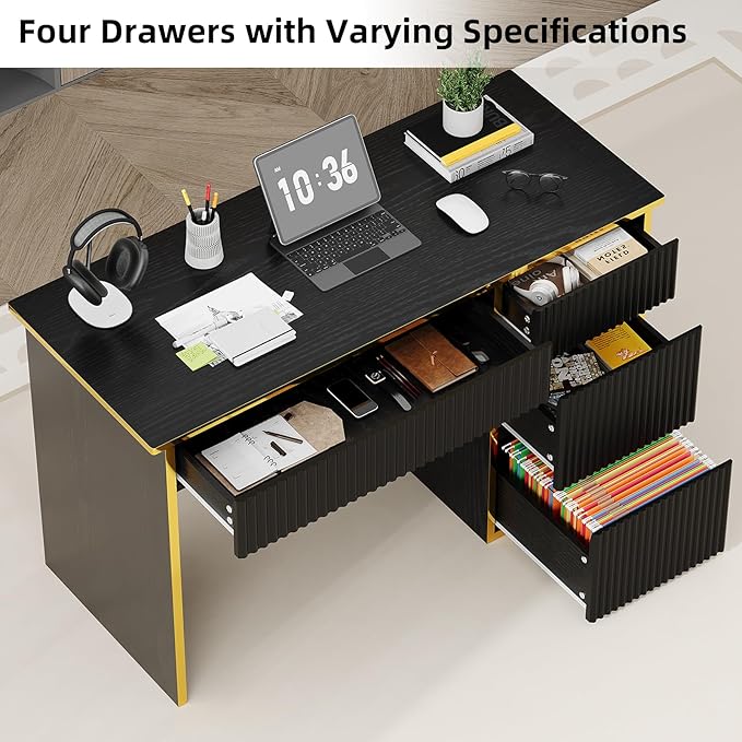 4 EVER WINNER 47 Inch Computer Desk with 4 Drawers Black &amp Gold Modern Home Office Desk Writing Study Gaming Desk for Bedroom Small Space Sturdy Wood Desk with Hidden Handle
