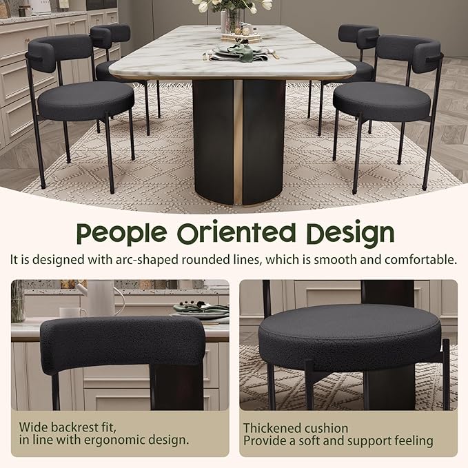 Boucle Dining Chairs Set of 6 Teddy Upholstered Dining Room Chairs Kitchen Chair with Metal Legs Mid Century Modern Chair for Dining Room Kitchen (Black Frame+Black 6)