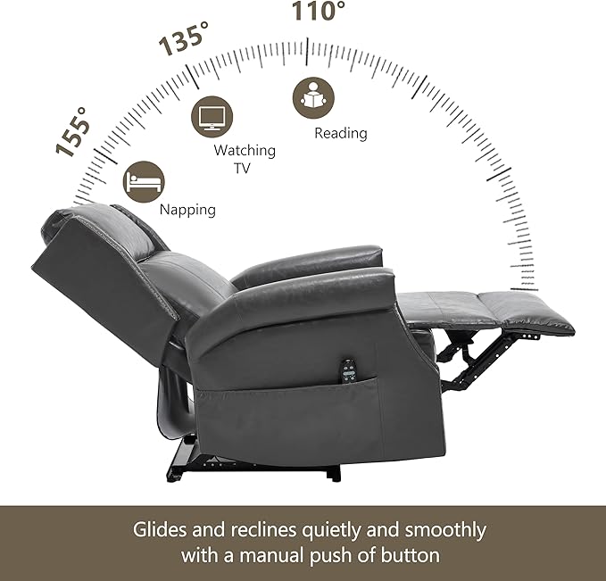 Manual Recliner Chair Faux Leather Push Back Recliners with Vibration Massage Lumbar Heat Living Room Single Sofa Reclining Rivet Design Chair Gray