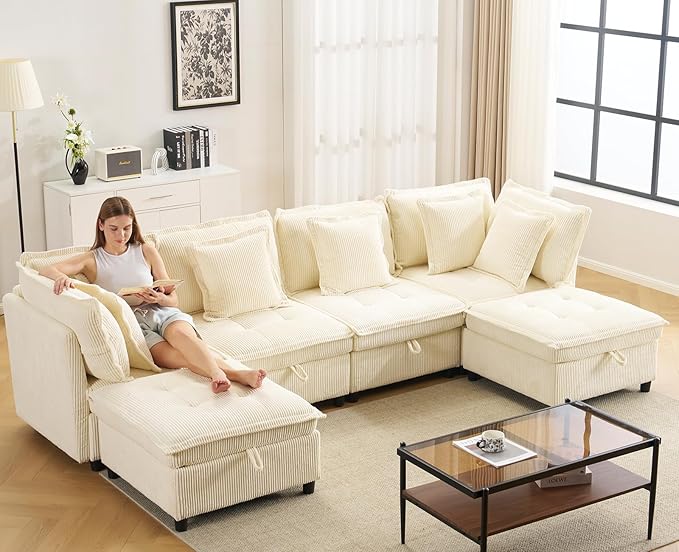 133 Modular Sectional Sofa L-Shaped Corduroy Comfy Sectional Couches for Living Room 3-Seater Cloud Couches with 1 Ottoman Modern Deep Seat Sofa with Large Storage Corduroy Beige